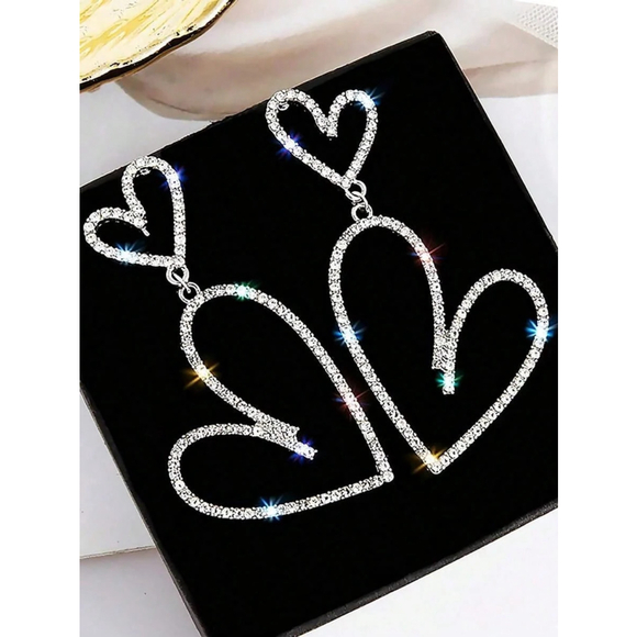 1 Pair Silver & Gold Heart Earrings Rhinestone Dangle Stud Jewelry Women Gift.SH - Picture 3 of 6